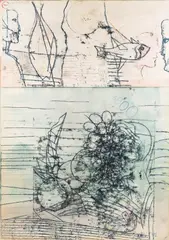 Andrzej M. Bartczak, Podwójna scena ze znakami wodnymi, 1988 r., 1988, monotypia rysowana, tusz, kredka, papier