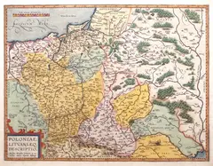 Wacław Grodecki, Poloniae, Lithuaniaeq. Descriptio, wyd. Abraham Ortelius, stan drugi, Amsterdam 1603 mapa pochodząca z „Theatrum Orbis Terrarum”; na verso tekst w języku łacińskim miedzioryt kolorowany