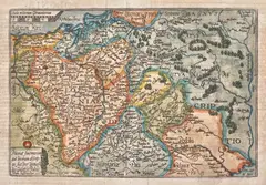 Johann Bussemacher, Poloniae finitimarum que locorum descriptio…, wyd. Matthias Quad, Johann Bussemacher, stan pierwszy, Kolonia 1592 na verso tekst w języku łacińskim miedzioryt kolorowany, 18