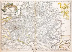 Richard Blome, A Mapp of the Estates of the Crowne of Poland…, wyd. Richard Blome, stan pierwszy, Londyn 1669 mapa pochodząca z „A Geographical description…” miedzioryt kolorowany