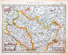 Petrus Kaerius, Poloniae et Silesiae, wyd. Joannes Janssonius, stan pierwszy, Amsterdam 1691 mapa pochodząca z „Atlas minor, das ist: Ein kurtz, jedoch gründliche Beschreibung…”; na verso tekst w języku niemieckim miedzioryt kolorowany li