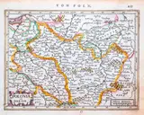 Petrus Kaerius, Poloniae et Silesiae, wyd. Joannes Janssonius, stan pierwszy, Amsterdam 1691 mapa pochodząca z „Atlas minor, das ist: Ein kurtz, jedoch gründliche Beschreibung…”; na verso tekst w języku niemieckim miedzioryt kolorowany li