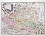 Nicolas Sanson d'Abbeville, Tabula nova totius Regni Poloniae…, wyd. Nicolaes Visscher II, stan piąty, Amsterdam po 1701 miedzioryt kolorowany w epoce, 42
