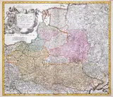 Johann Baptist Homann, Regni Poloniae Magnique Ducat9 Lithuaniae…, wyd. Spadkobiercy Homanna, stan czwarty z drugiej płyty, Norymberga 1736 miedzioryt kolorowany w epoce, 48