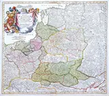 Johann Baptist Homann, Regni Poloniae Magnique Ducatus9 Lithuaniae…, wyd. Spadkobiercy Homanna, stan czwarty z trzeciej płyty, Norymberga 1739 miedzioryt kolorowany w epoce, 49