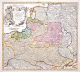 Johann Baptist Homann, Regni Poloniae Magnique Ducatus9 Lithuaniae…, wyd. Spadkobiercy Homanna, stan pierwszy z trzeciej płyty, Norymberga po 1715 miedzioryt kolorowany w epoce