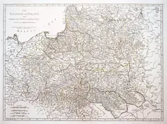 Thomas Kitchin, The Kingdom of Poland and Great Duchy of Lithuania…, wyd. Robert Sayer, stan pierwszy, Londyn 1780 mapa pochodząca z „General Atlas” miedzioryt kolorowany liniowo, 48