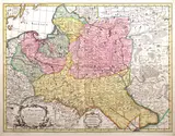 Guillaume de l’Isle, La Pologne dresée sur ce qu’en ont donne Starovolsk, Beauplan, Hartknoch..., wyd. Petrus Schenk II, Amsterdam 1734 mapa pochodząca prawdopodobnie z „Visschers Atlas” miedzioryt kolorowany w epoce, 49