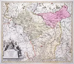 Cornelis Danckerts III, Regni Poloniae Ducates Mazoviae et Province Cujaviae, wyd. Reinier Ottens I, Josua Ottens, stan drugi, Amsterdam 1750 miedzioryt kolorowany w epoce, 50