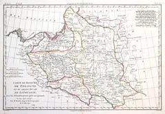 Rigobert Bonne, Carte du Royaume de Pologne et du Grand Duché de Lithuanie…, wyd. Rigobert Bonne, Eustache Herrison, 1786, stan czwarty, Paryż po 1795 mapa pochodząca z “Atlas portatif general pour server…” miedzioryt kolorowany liniowo