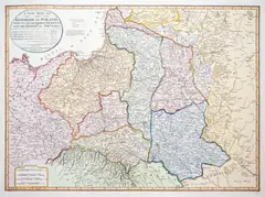 Robert Sayer, A new map of the Kingdom of Poland, Laurie & Whittle, stan trzeci, Londyn 1799 mapa pochodząca z „A new universal atlas” miedzioryt kolorowany