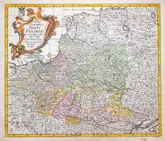 Leonhard Euler, Tabula Geographica Regni Poloniae…, wyd. Michael i Johann M. Kunst, stan trzeci, Berlin 1760 mapa pochodząca z „Geographischer Atlas” miedzioryt kolorowany w epoce, 32