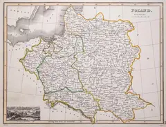 James Wyld I, Poland, wyd. John Thomson, Edynburg 1819 mapa pochodząca z „General Atlas”; w lewym dolnym rogu widok Gdańska miedzioryt kolorowany liniowo w epoce