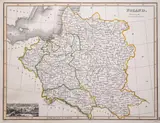 James Wyld I, Poland, wyd. John Thomson, Edynburg 1819 mapa pochodząca z „General Atlas”; w lewym dolnym rogu widok Gdańska miedzioryt kolorowany liniowo w epoce