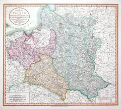John Cary I, A New Map of Poland and the Grand Duchy of Lithuania…, wyd. John Cary, stan pierwszy, Londyn 1799 mapa pochodząca z „A New Universal Atlas” miedzioryt kolorowany w epoce