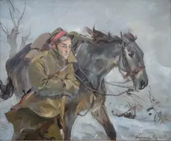 Wojciech Kossak, Ułan z koniem, olej, płótno, 50