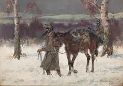 Jerzy Kossak, Powrót, olej, tektura, 34