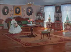 Bronisława Rychter-Janowska, W saloniku, olej, tektura