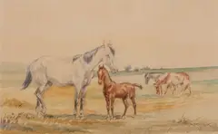 Karol Kossak, Konie, akwarela, papier, 21