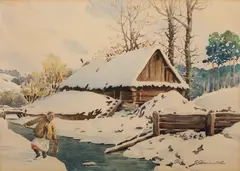 Stanisław Gibiński, Nad rzeką, akwarela, papier, 34