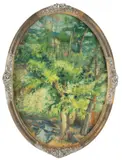 Mn - sygn. monogramem, Leśny potok, olej, tektura