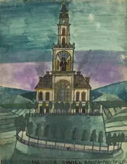 Nikifor Krynicki, Budowla z wieżą, akwarela, papier, 33