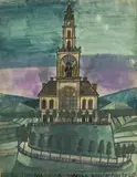 Budowla z wieżą by Nikifor Krynicki, akwarela, papier, 33, sold Oct 2021