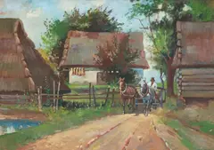 Jerzy Kossak, Jadą ułani przez wieś, 1942 r.?, olej, tektura