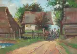 Jadą ułani przez wieś, 1942 r.? by Jerzy Kossak, olej, tektura, sold Oct 2021