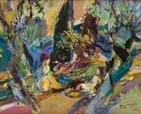 Ludwig Klimek, Scena w pejzażu, 1966 r., 1966, olej, tektura