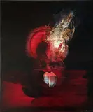 Magdalena Daniec, Płonące Lunule, 2021, 2021, olej, kolaż, płótno