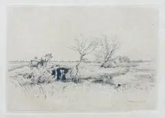 Kanał piński na Polesiu, 1899 r. by Józef Pankiewicz, 1899, akwaforta, sucha igła, papier, 13, sold Jul 2021