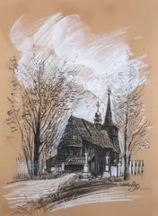 Wiktor Zin, Drewniany kościół, węgiel, gwasz, papier, 63
