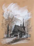 Wiktor Zin, Drewniany kościół, węgiel, gwasz, papier, 63