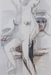 Juliusz Studnicki, Akt z głową, tusz, kredka, papier