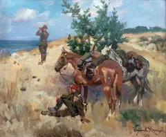 Wojciech Kossak, Patrol ułański, olej, płyta