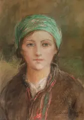 Teodor Axentowicz, Portret dziewczyny w zielonej chustce, pastel, tektura