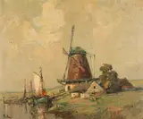 Rudolf Priebe, Łodzie z wiatrakiem, olej, płyta
