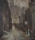 Ulica w Gdańsku by Marian Mokwa, olej, sklejka, sold Jul 2021
