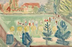 Władysław Brzosko, Stadion - Sopot, 1953 r., 1953, akwarela, ołówek, papier