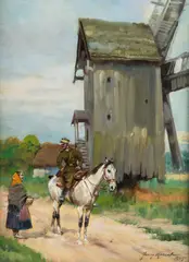 Jerzy Kossak, Dziewczyna i ułan, 1935 r., 1935, olej, sklejka