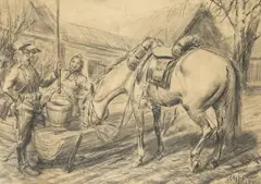 Jan Stępień, Spotkanie przy studni, 1941 r., 1941, ołówek, papier