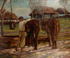 U wodopoju, 1922 r. by Jan Erazm Kotowski, 1922, olej, tektura, sold May 2021