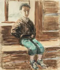Jerzy Mierzejewski, Chłopiec na ławce, 1948 r., 1948, akwarela, ołówek, papier