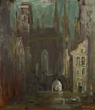 Ulica w Gdańsku by Marian Mokwa, olej, płyta pilśniowa, sold May 2021