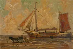 Kuter rybacki na plaży by Rudolf Priebe, olej, sklejka, sold May 2021