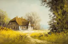 Pejzaż z chatą by Jarosław Wojtkowiak, olej, płótno, sold May 2021