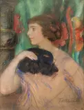 Teodor Axentowicz, Dama z maską balową, pastel, tektura