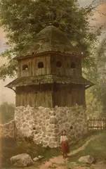 Przed dzwonnicą, 1917 r. by Józef Rapacki, 1917, olej, płótno naklejone na tekturę, 66, sold May 2021