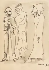 Trzy postaci z mieczem, 1972 r. by Otto Axer, 1972, tusz, papier, sold Apr 2021